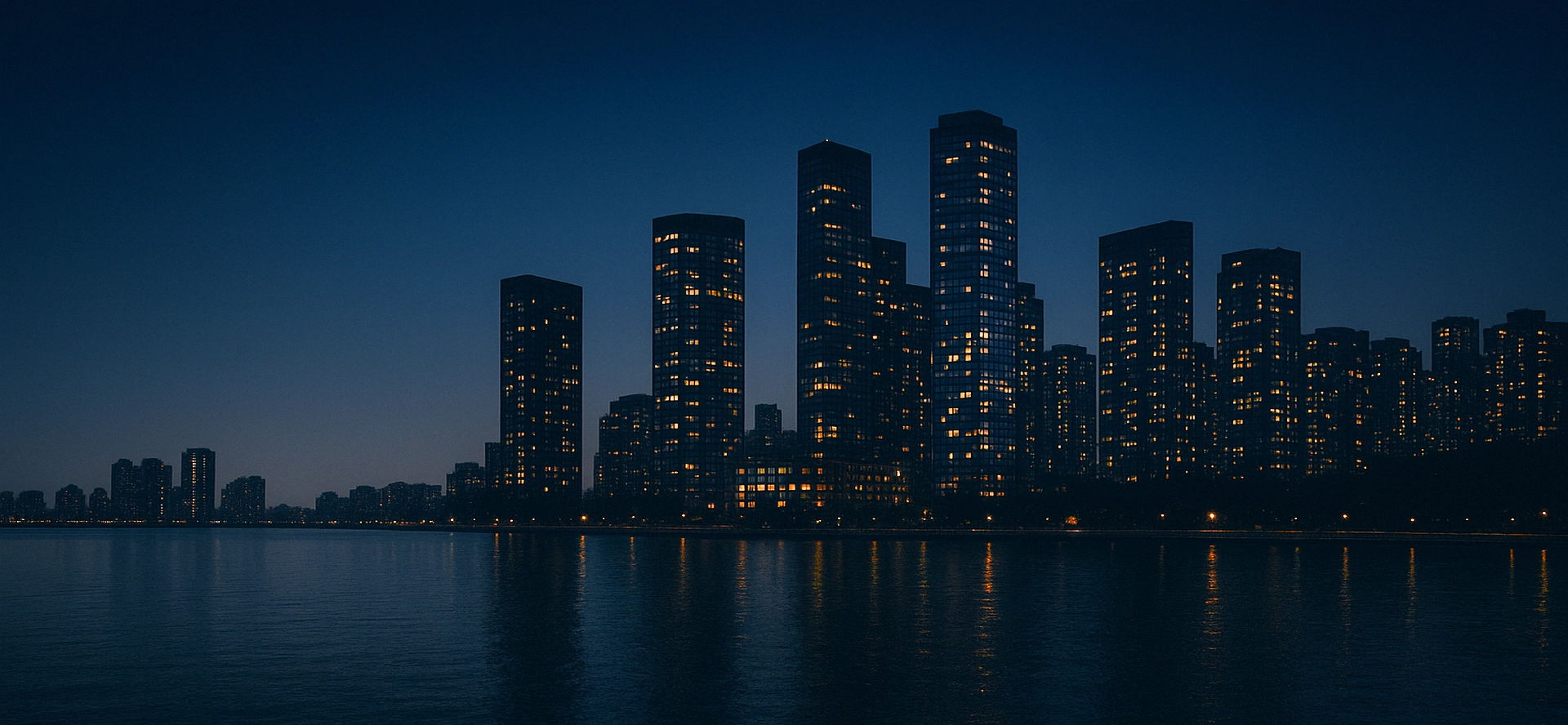 City skyline at night with illuminated windows reflected over calm water.